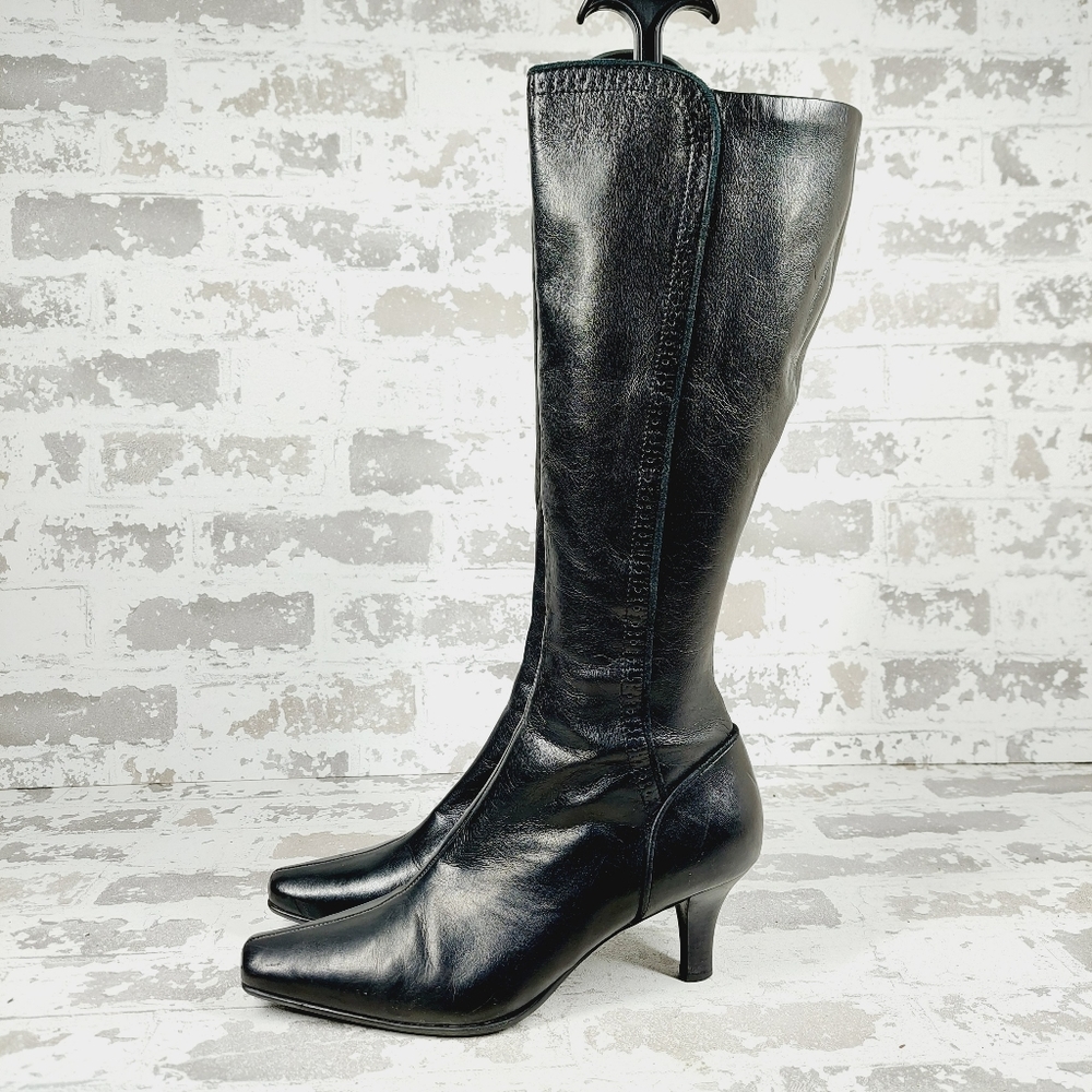 Liz Claiborne Black Leather Side Zipper High Heel Knee High Boots C168